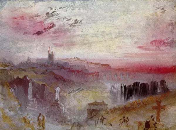 View over Town at Sunset: a Cemetery in the Foreground