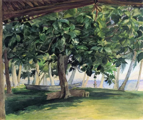 View from Hut at Vaiala in Upolu Bread Fruit Tree War Drums and Canoe