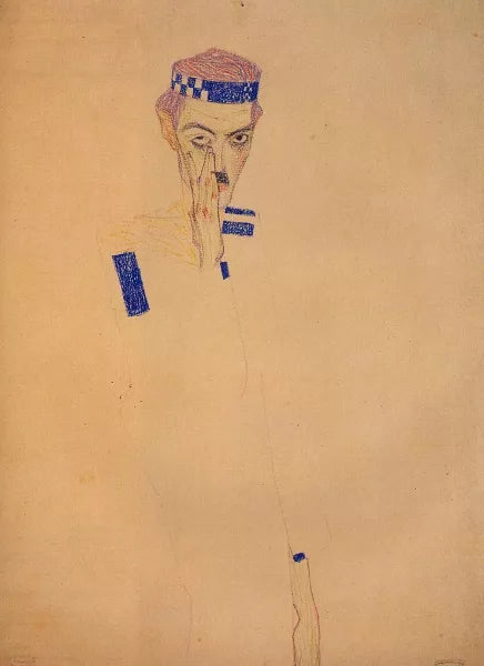 Man with Blue Headband and Hand on Cheek
