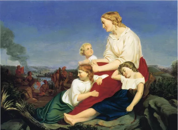 Woman and Children, with Indian Massacre in the Background also known as Taken Captive by the Indians